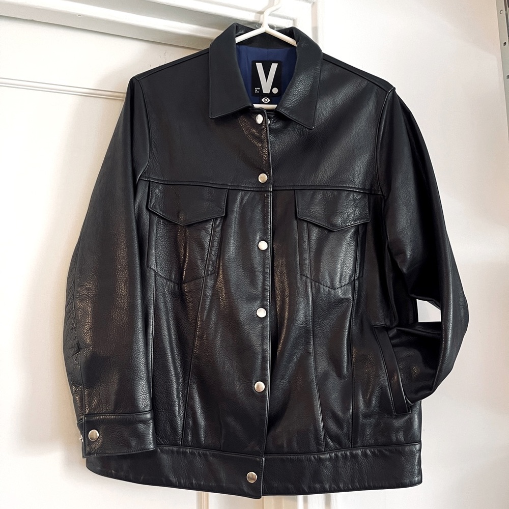 VEDA Roy Black Leather Snap Button Jacket ( Long length )